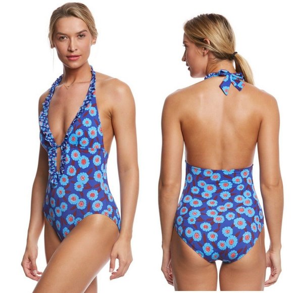 Kate Spade New York Tangier Plunge Halter One Piece Swimsuit Floral Blue